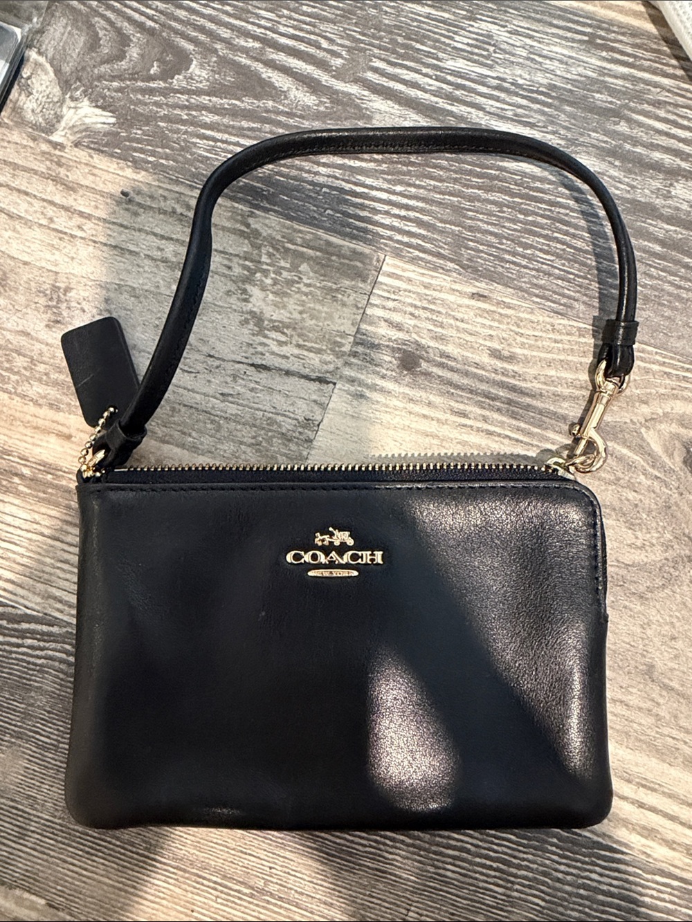 Coach Black Leather Wristlet with Gold Logo